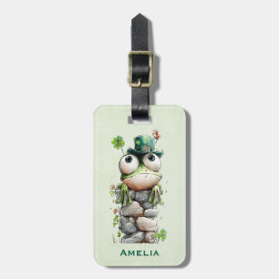 Frog with Green Hat and Shamrock Cute Luggage Tag