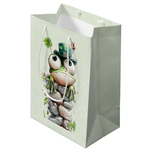 Frog with Green Hat and Shamrock Cute Medium Gift Bag (Front Angled)
