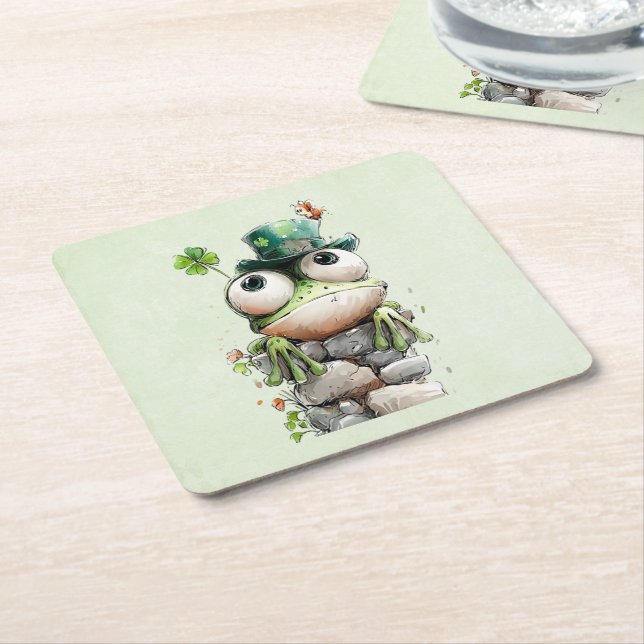 Frog with Green Hat and Shamrock Cute Square Paper Coaster (Angled)
