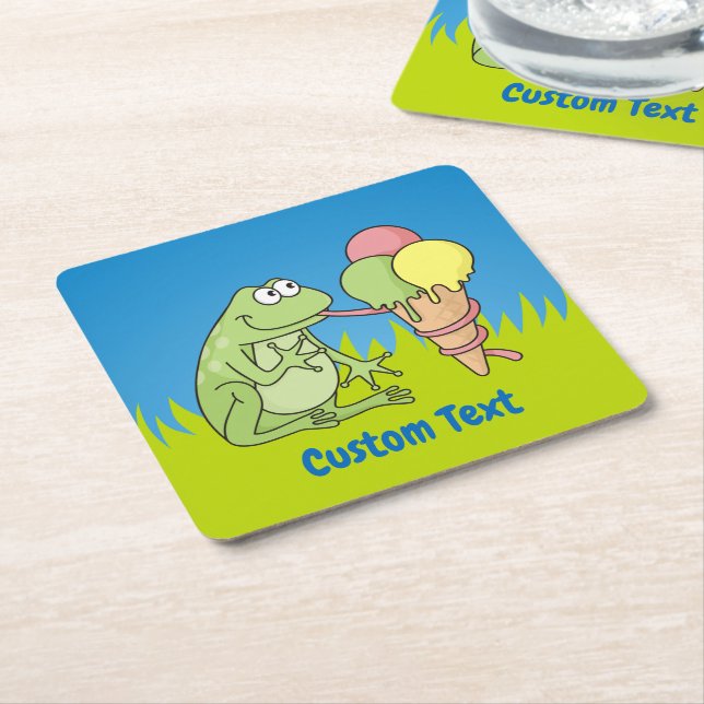 Frog with Icecream Square Paper Coaster (Angled)