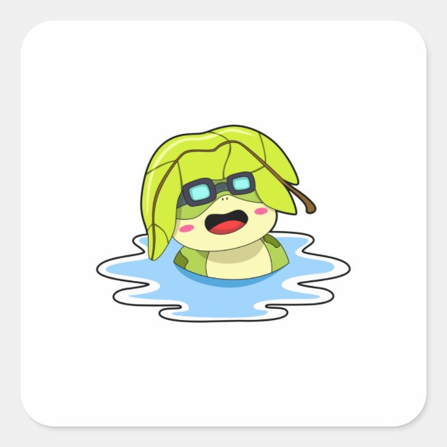 Frog with Leaf at Swimming Square Sticker (Front)