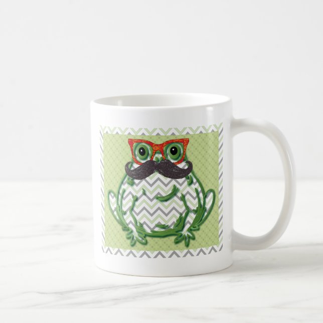 Frog with moustache and fish glasses by coffee mug (Right)