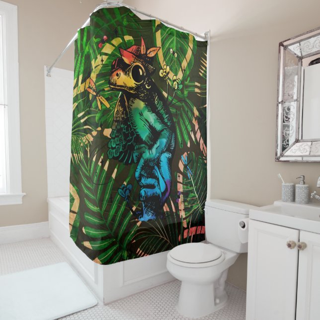 Frog with mushroom Cottagecore Hand Drawn Style Shower Curtain (In Situ)