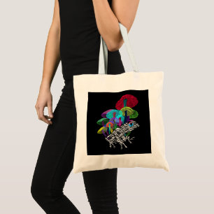 Frog with mushrooms in Neon Style Tote Bag