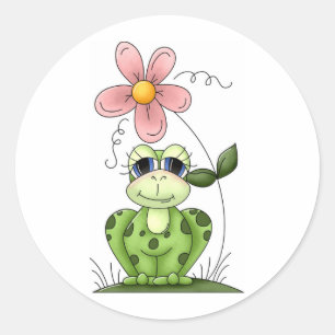 frog with pink flower classic round sticker