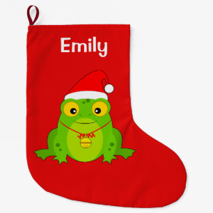 Frog with Santa Hat and Bell Large Christmas Stocking