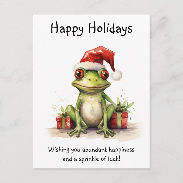 Frog with Santa Hat  wrapped gifts Happy Holidays Postcard (Front)