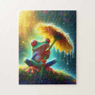 Frog With Yellow Daisy Umbrella In The Rain  Jigsaw Puzzle