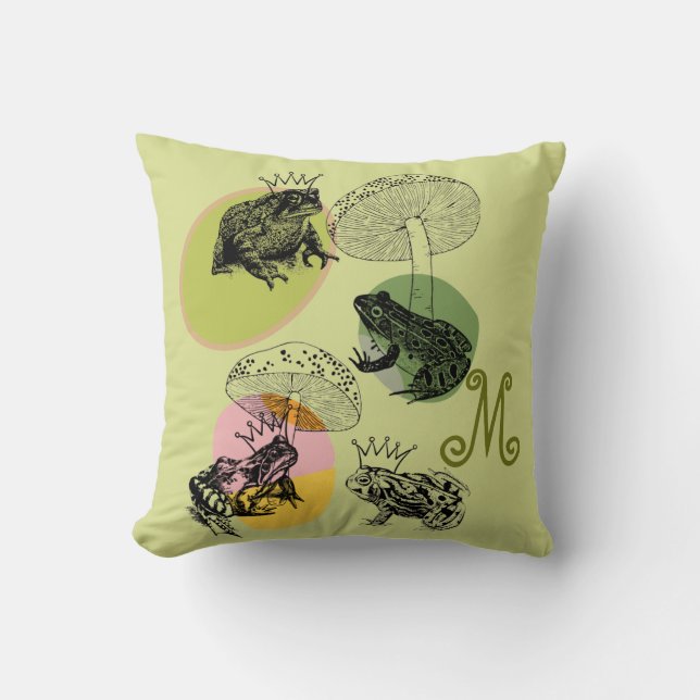 Frogcore and Mushrooms Lover Aesthetic Monogram Cushion (Front)