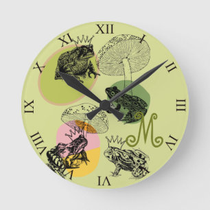 Frogcore and Mushrooms Lover Aesthetic Monogram Round Clock