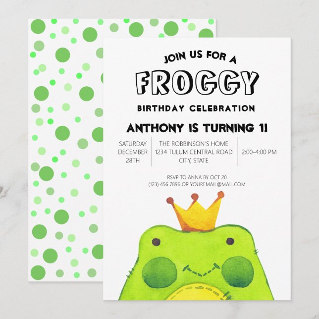 Froggy birthday boy prince First party cute green  Invitation (Front/Back)