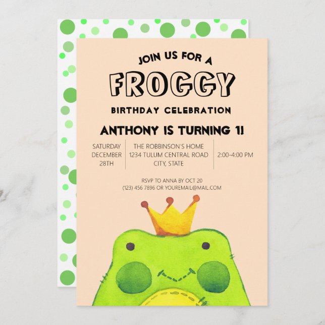 Froggy birthday boy prince First party cute green  Invitation (Front/Back)