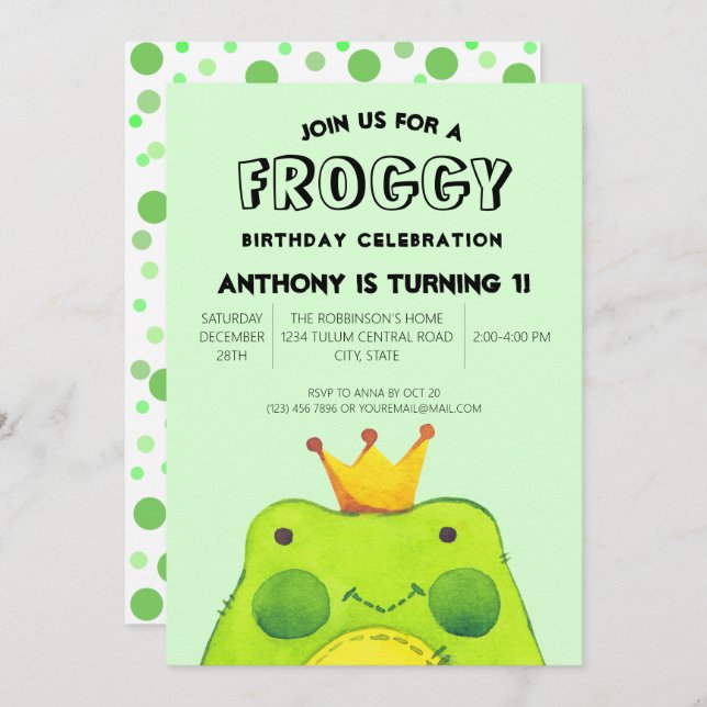 Froggy birthday boy prince First party cute green  Invitation (Front/Back)