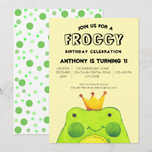 Froggy birthday boy prince First party cute green  Invitation