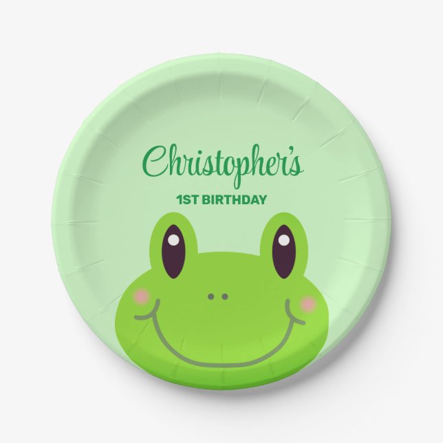 Froggy birthday party green theme paper plate (Front)