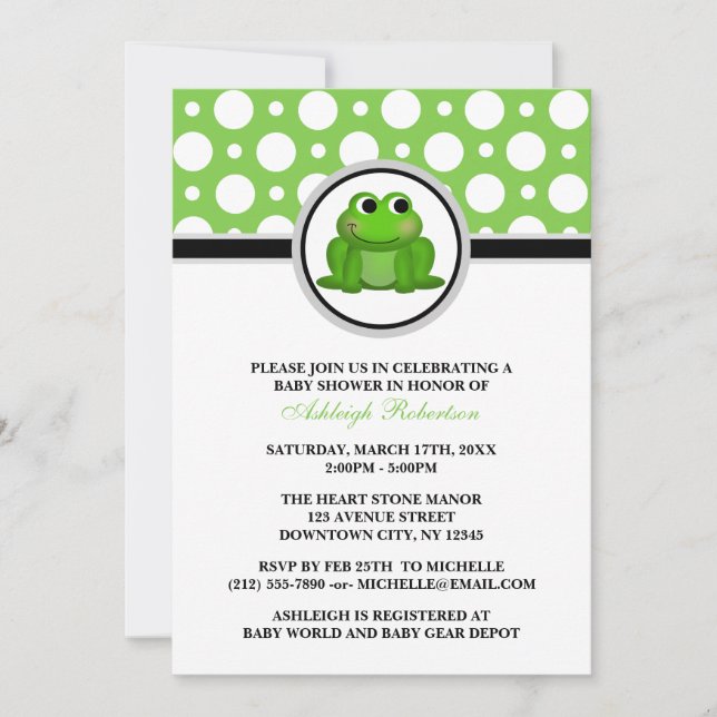 Froggy Green Polka Dot Baby Shower Invitations (Front)