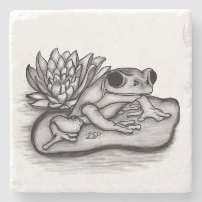 Froggy with Lotus Flower Stone Coaster (Front)