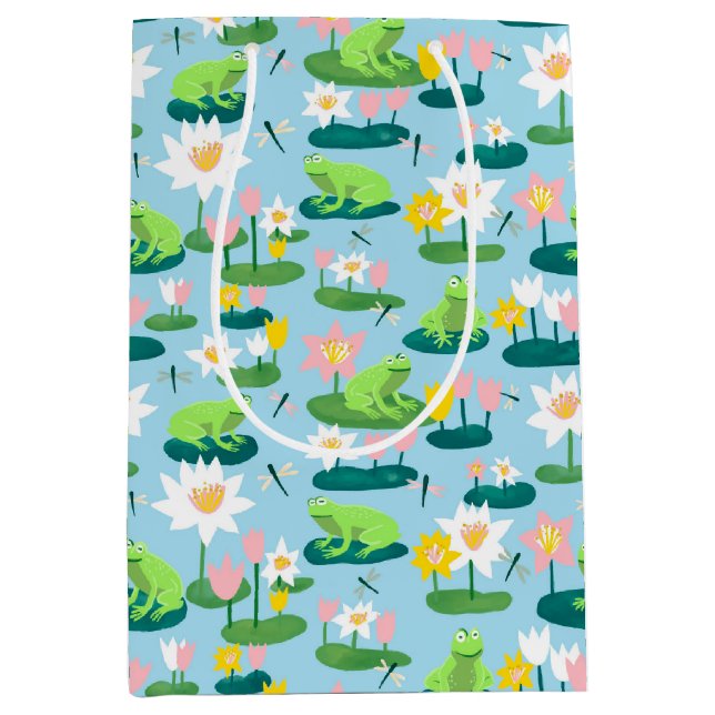 Frogs and Lily Pads Cute BABY SHOWER Birthday Kids Medium Gift Bag (Front)