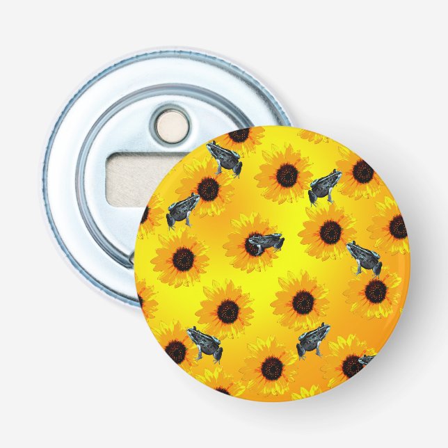 "Frogs and Sunflowers: A Playful Nature Pattern" Bottle Opener (Front)