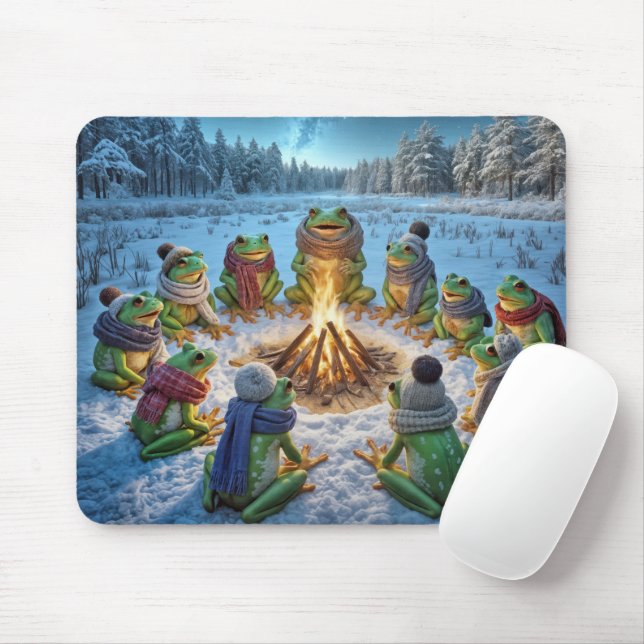 Frogs Gathering Around a Campfire Mouse Mat (With Mouse)