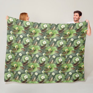 Frogs green and white water lilies fleece blanket