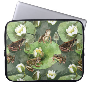 Frogs green and white water lilies laptop sleeve