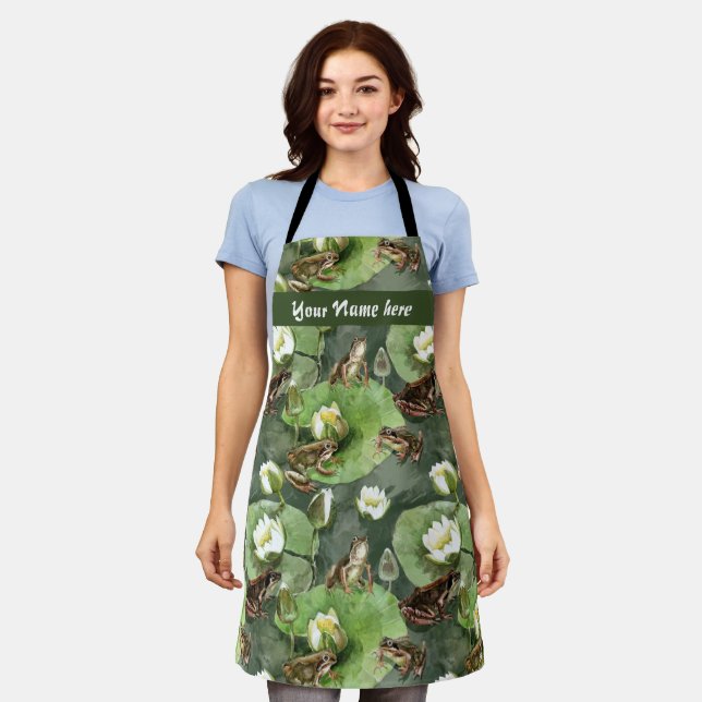 Frogs green and white water lilies pattern  apron (Worn)
