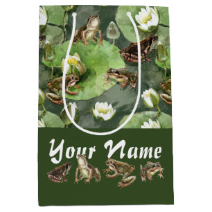 Frogs green and white water lilies pattern  medium gift bag