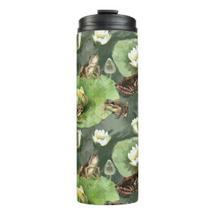 Frogs green and white water lilies pattern thermal tumbler