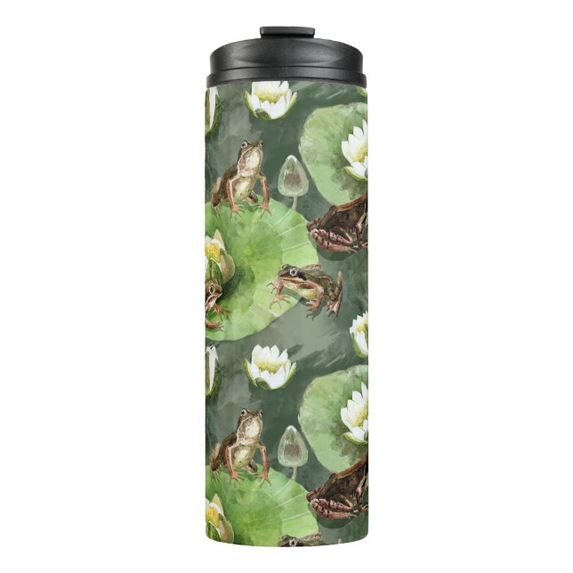 Frogs green and white water lilies pattern thermal tumbler (Front)