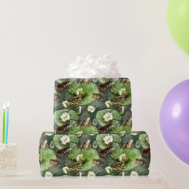 Frogs green and white water lilies pattern wrapping paper (Party Gifts)