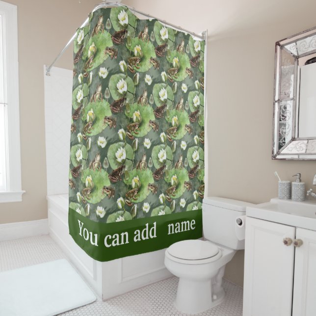 Frogs green and white water lilies shower curtain (In Situ)