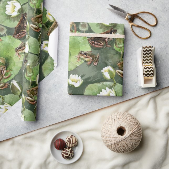 Frogs green and white water lilies wrapping paper (Crafts)