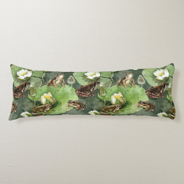 Frogs green and white waterlilies body cushion (Front)