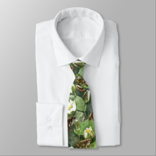 Frogs green and white waterlilies seamlesstexture tie
