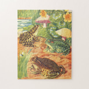 Frogs Illustration Vintage Childrens Book Jigsaw Puzzle
