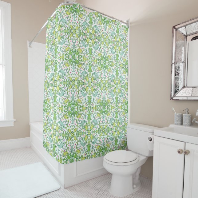 Frogs in every corner of this slimy pattern design shower curtain (In Situ)