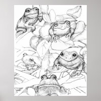 Frogs in Tree Leaves Black White Ink Art