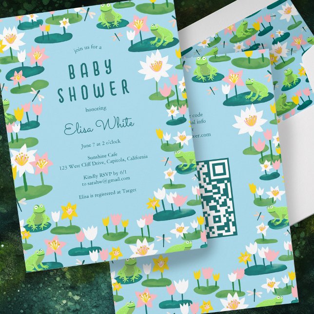 Frogs & Lily Pads Cute CUSTOM QR CODE BABY SHOWER Invitation (Frogs & Lily Pads Cute CUSTOM QR CODE BABY SHOWER Invitation Floral Blue Pink Green )