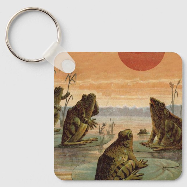 Frogs Lily Pads Moon Illustration Key Ring (Front)