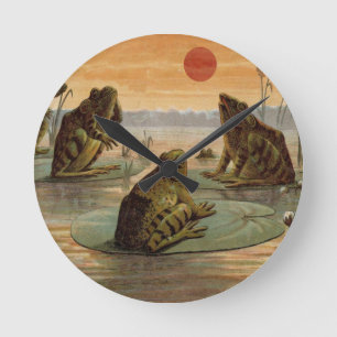 Frogs Lily Pads Moon Illustration Round Clock