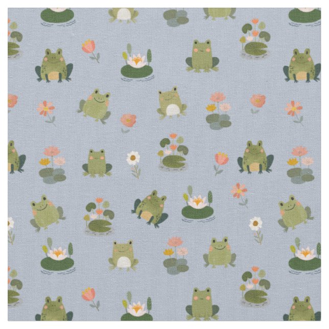 Frogs & Lily Pads on Light Blue Fabric (Close Up)