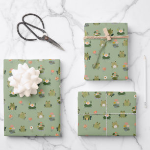 Frogs & Lily Pads on Light Green Wrapping Paper Sheet