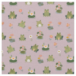 Frogs & Lily Pads on Pastel Gray-Pink Fabric