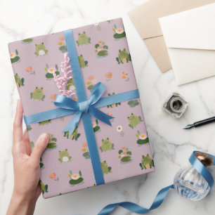 Frogs & Lily Pads on Pastel Gray-Pink Wrapping Paper