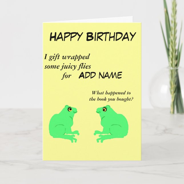 Frogs on a funny, customisable birthday card (Front)