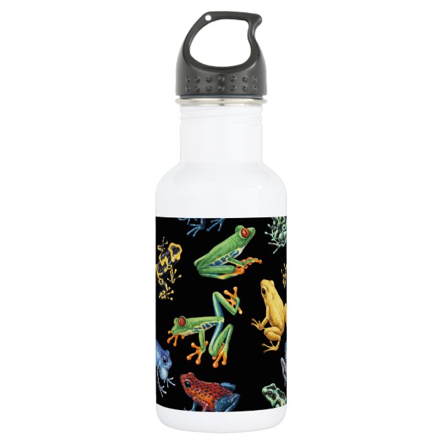 Frogs on black 532 ml water bottle (Front)