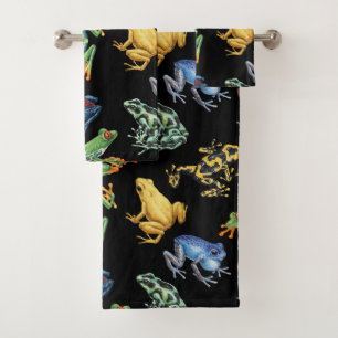 Frogs on black bath towel set