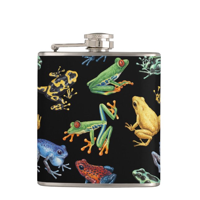 Frogs on black hip flask (Front)