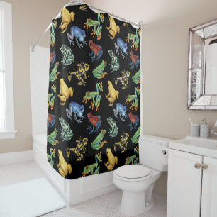 Frogs on black shower curtain